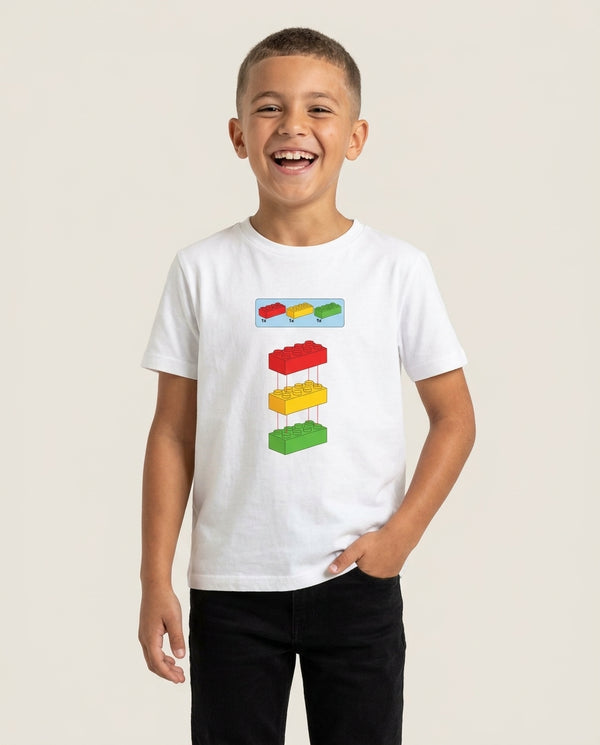 Bricks Instruction Set Kids T-Shirt — White Front, worn