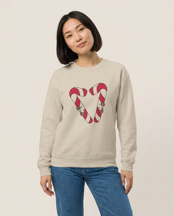 Christmas Candycane Plushies Sweatshirt — Sand Front, worn