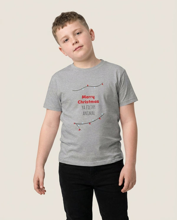 Merry Christmas Ya Filthy Animal Kids T-Shirt — Grey Front, worn