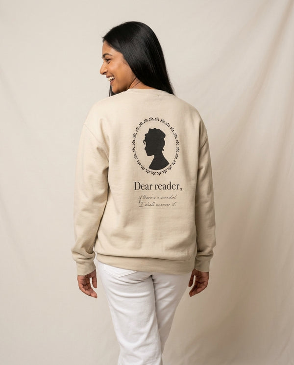 Dear Reader Sweatshirt — Sand Back, worn
