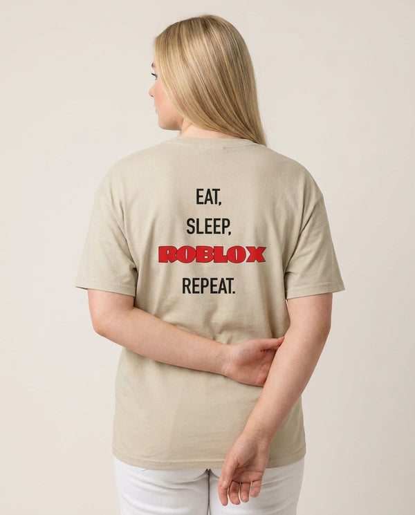 Eat, sleep, repeat T-Shirt — Sand Back, worn
