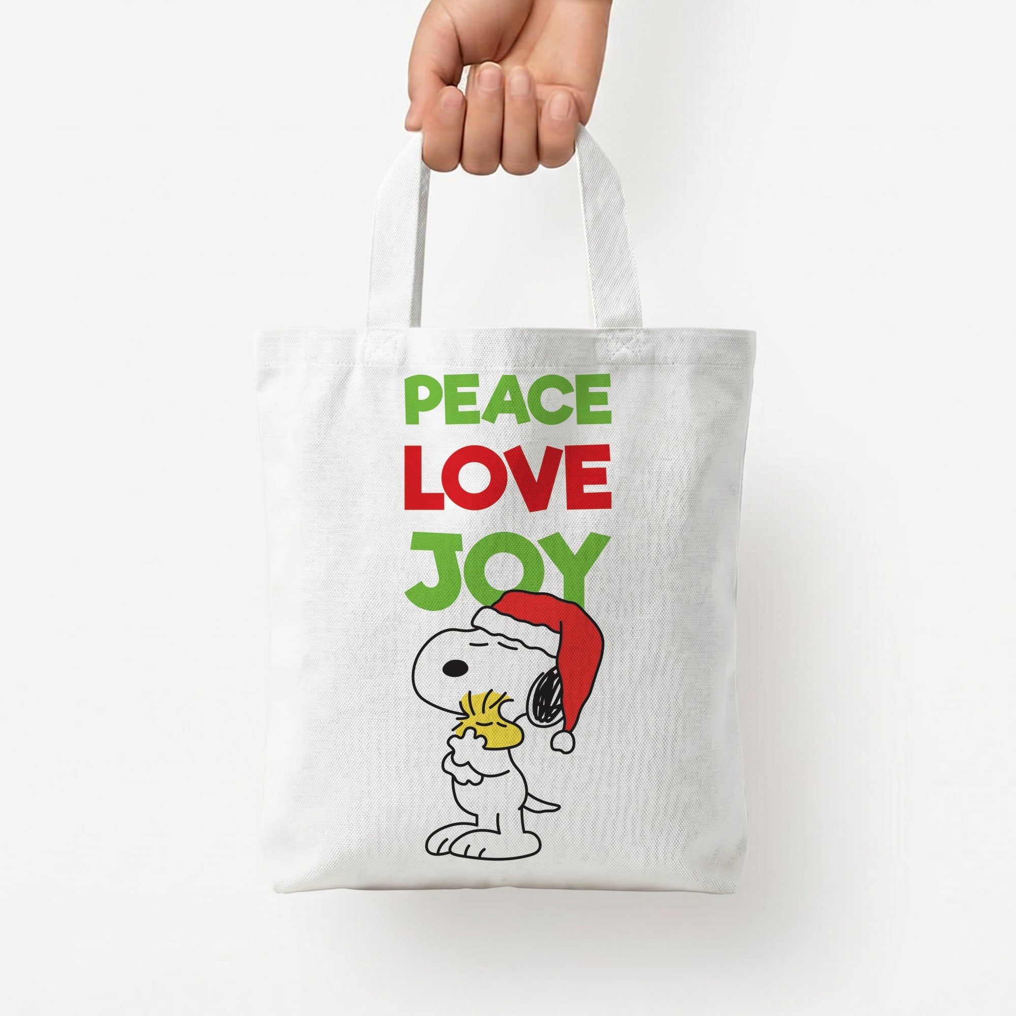 Peace, Love, Joy Christmas Cartoon Beagle Tote Bag — White / Small