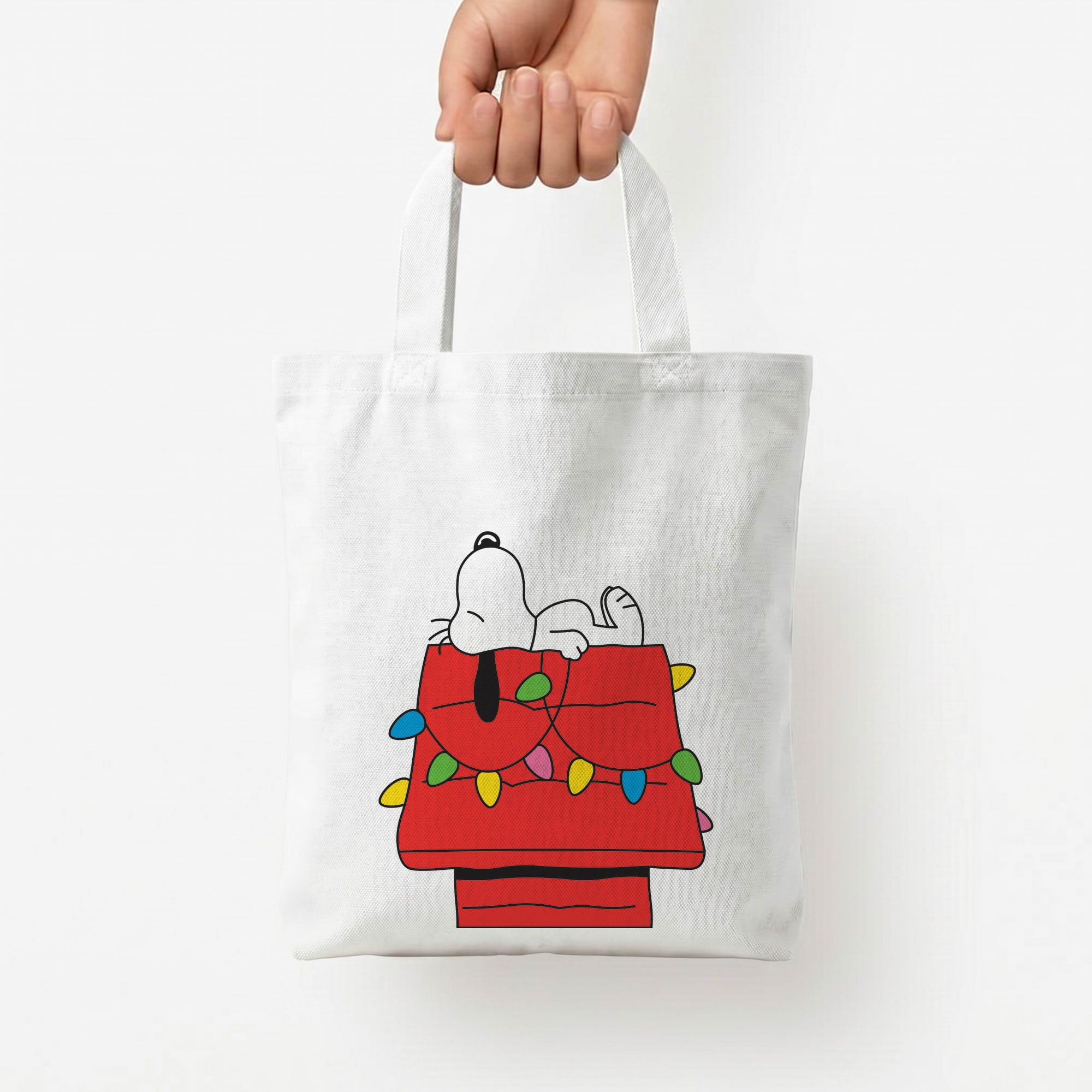 Cartoon Beagle Fairylights Tote Bag — White / Small