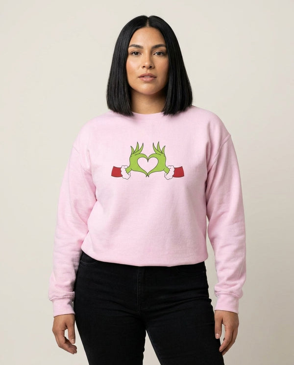 Christmas Green Heart Sweatshirt — Pink Front, worn