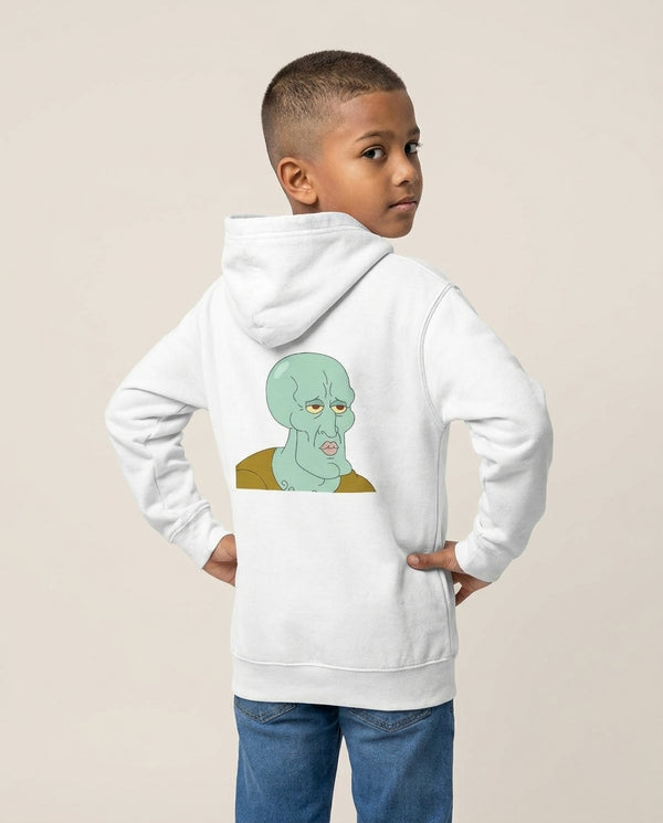 Muscly Squidward Kids Hoodie — White Back, worn