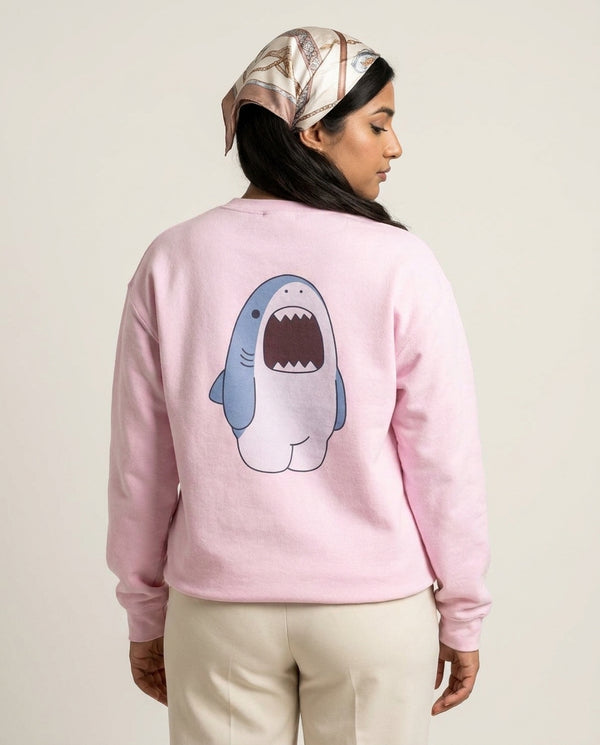 Chubby Shouting Shark Sweatshirt Pink Back, worn