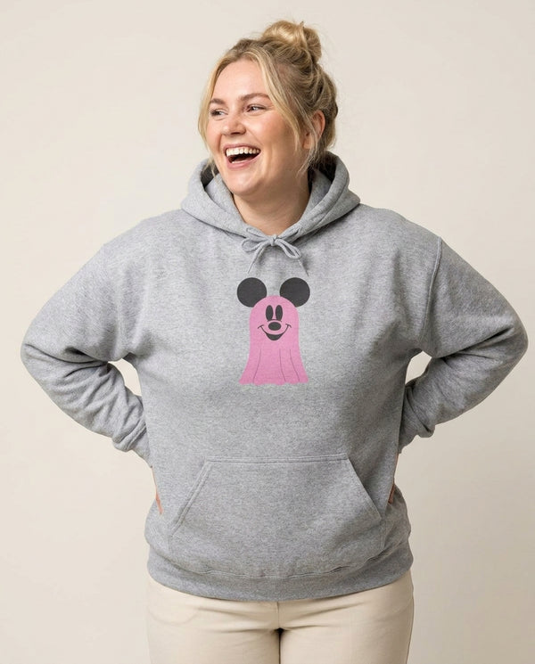Mouse Ghost Pattern Halloween Hoodie — Grey Front, worn