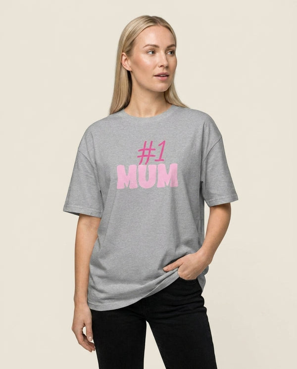 Number One Mum T-Shirt — Grey Front, worn