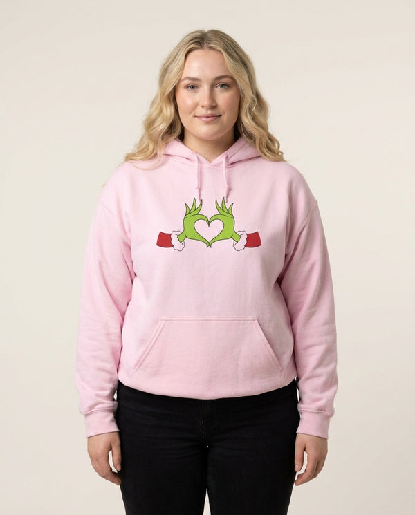 Christmas Green Heart Hoodie — Pink Front, worn