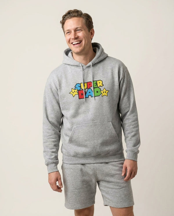 Super Dad Hoodie — Grey Front, worn