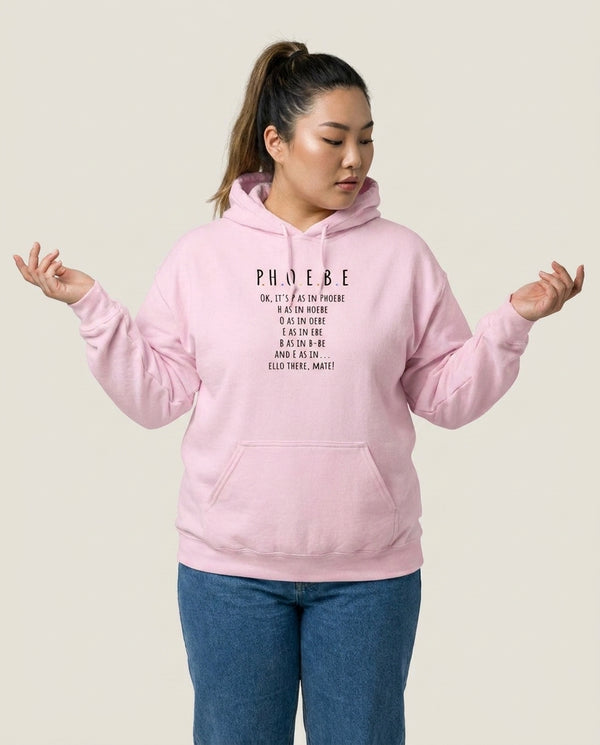 Spelling Phoebe Hoodie — Pink Front, worn