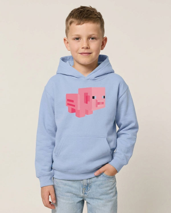Mining Pig Kids Hoodie — Blue Front, worn