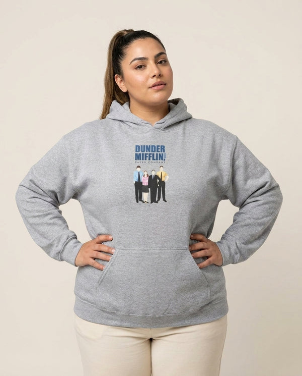 Office Cartoon - Dunder Mifflin Hoodie — Grey Front, worn