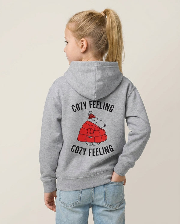 Cozy Feeling Cartoon Beagle Puffer Jacket Kids Hoodie — Grey Back, worn