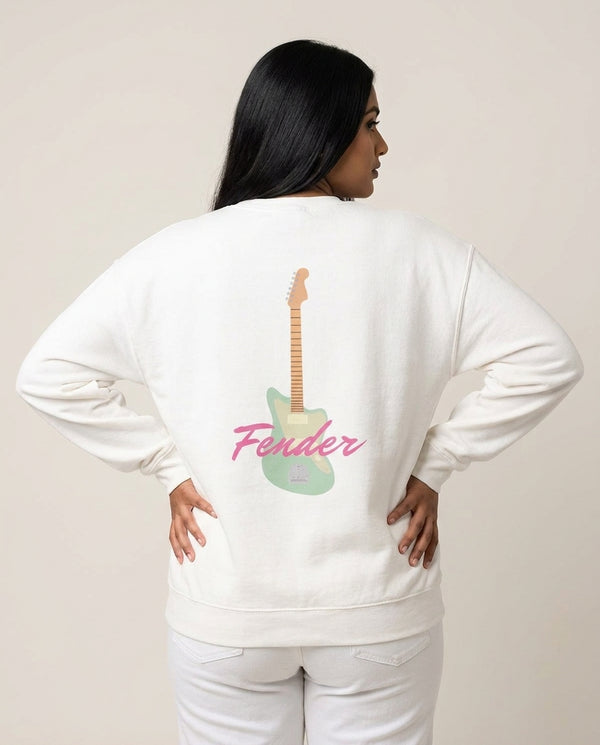 Blue Guitar Fender Sweatshirt — White Back, worn