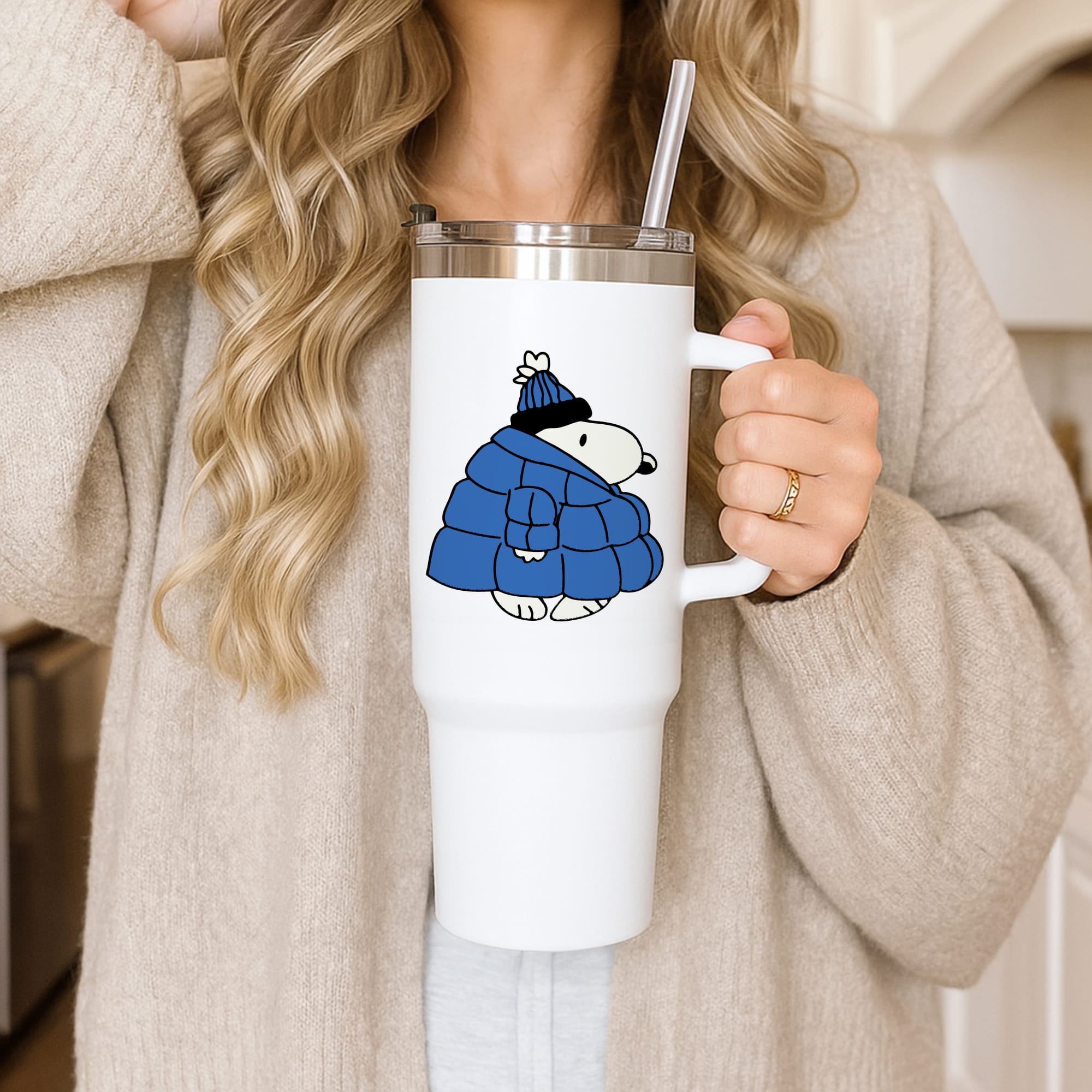 Cartoon Beagle Puffer Jacket Blue Tumbler