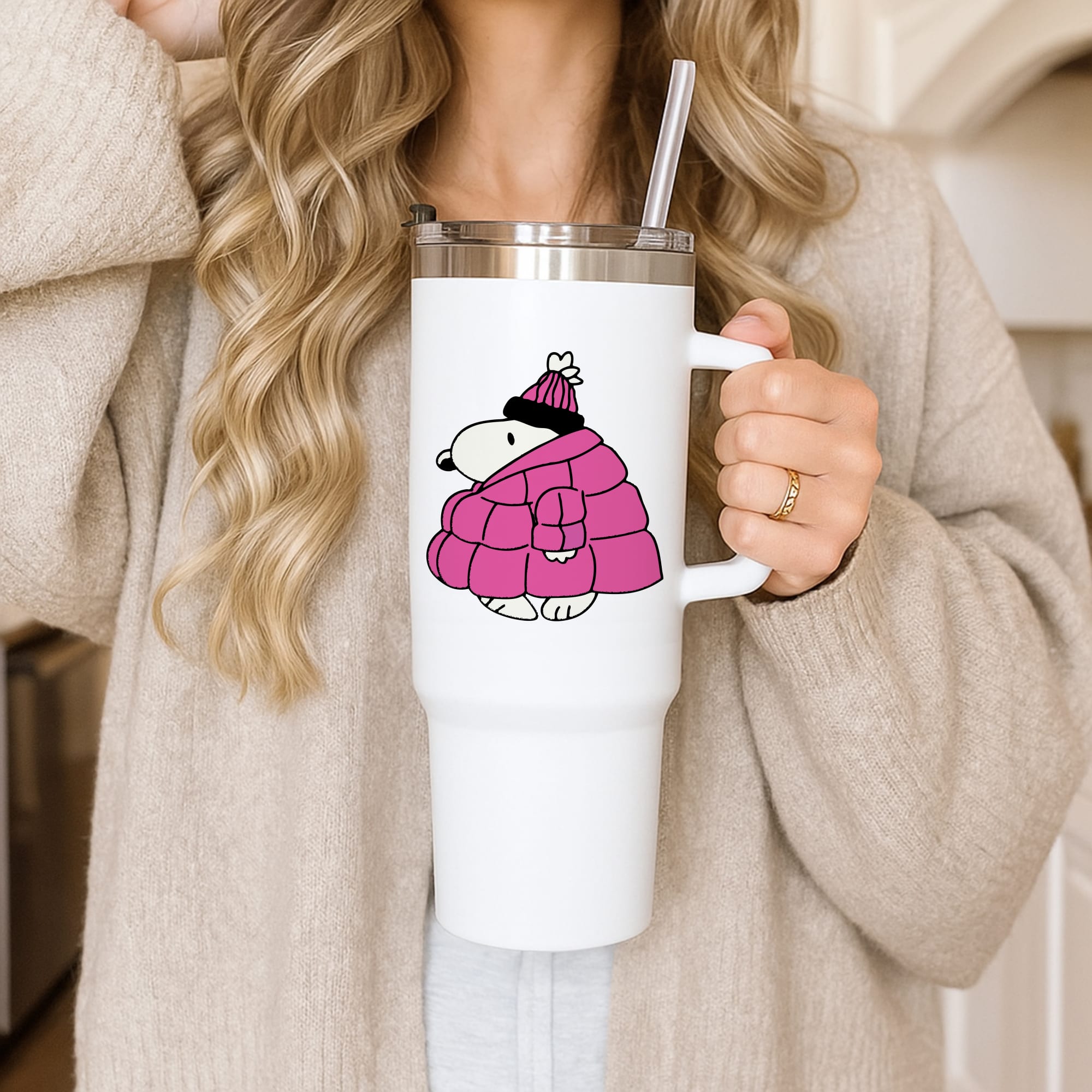 Cartoon Beagle Puffer Jacket Pink Tumbler