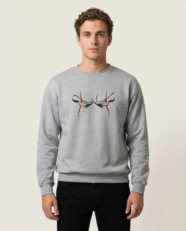 Clown Eyes Sweatshirt — Grey Front, worn