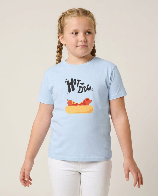 Hot Dog - Dachshunds Kids T-Shirt — Blue Front, worn