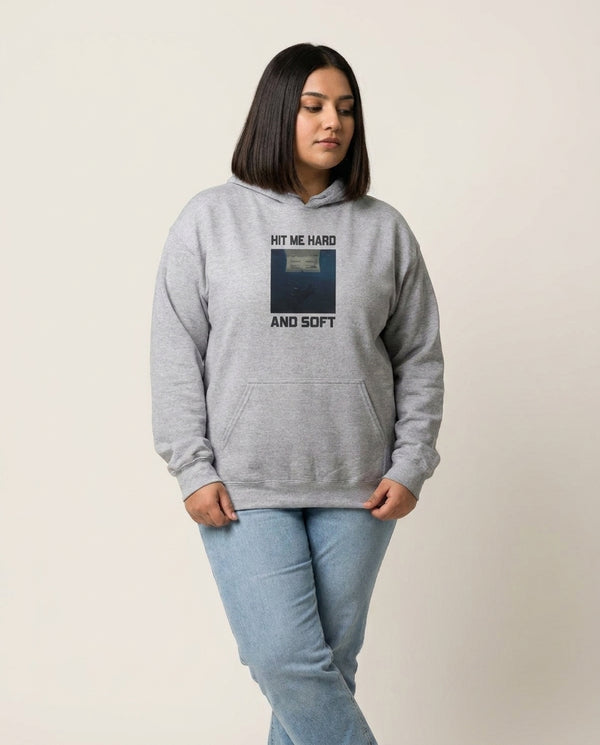 Billie Blue Hoodie — Grey Front, worn