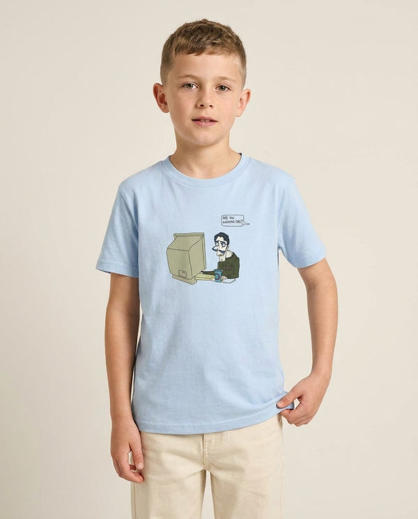 Are You Winning Dad Kids T-Shirt — Blue Front, worn