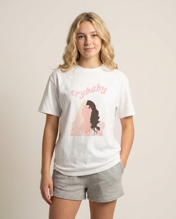 Crybaby T-Shirt — White Front, worn