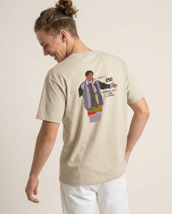 Could I Be Wearing Any More Clothes T-Shirt — Sand Back, worn