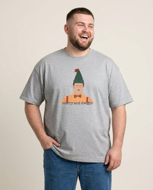 Merry And Dwight T-Shirt — Grey Front, worn