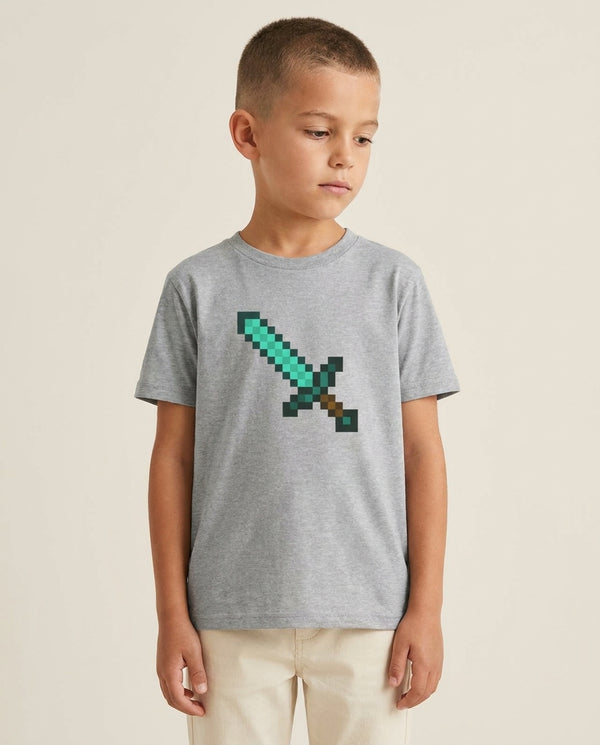 Diamond Sword - Mining Kids T-Shirt — Grey Front, worn