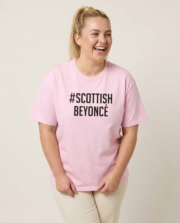 Scottish Beyonce T-Shirt — Pink Front, worn