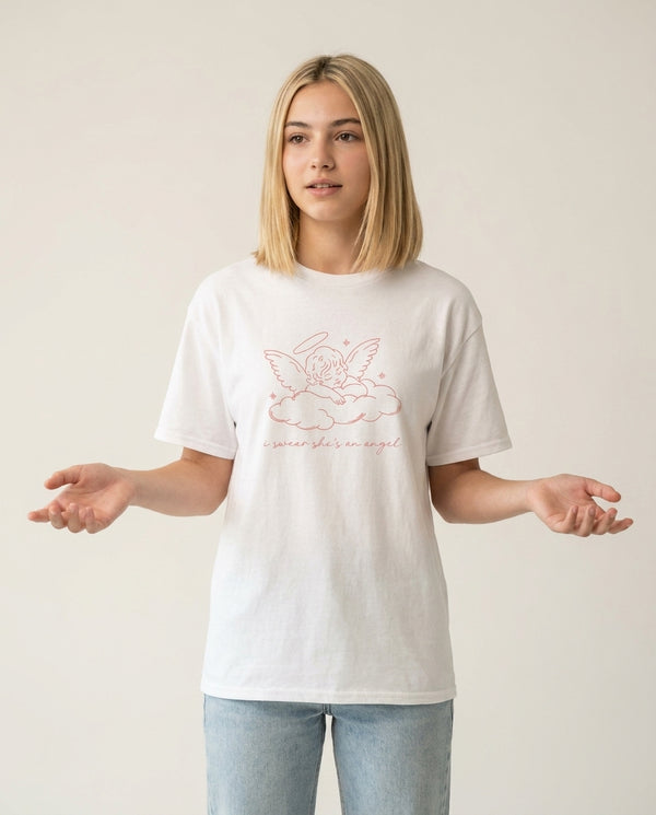I Swear Shes An Angel - Clean Girl Aesthetic T-Shirt — White Front, worn