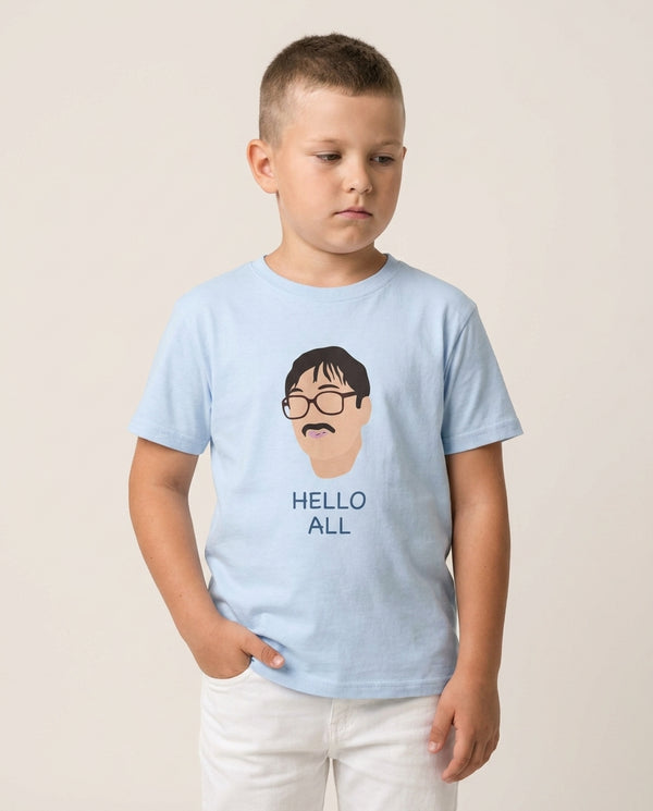 Hello All - FND Kids T-Shirt — Blue Front, worn