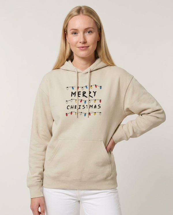 Merry Christmas String Lights Hoodie — Sand Front, worn