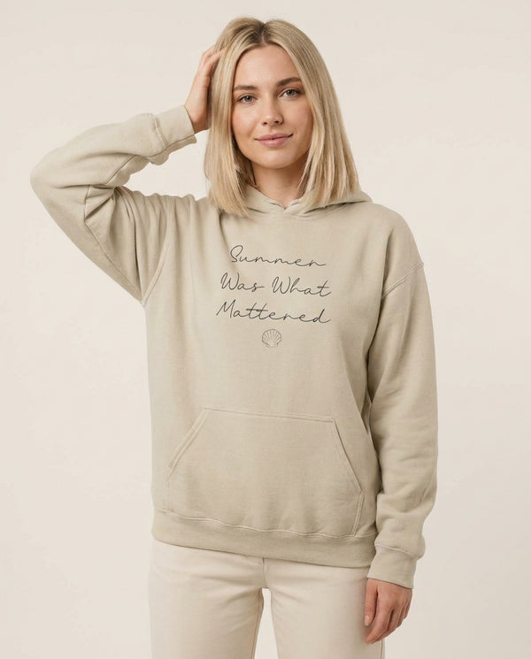 Summer Was What Mattered Hoodie — Sand Front, worn