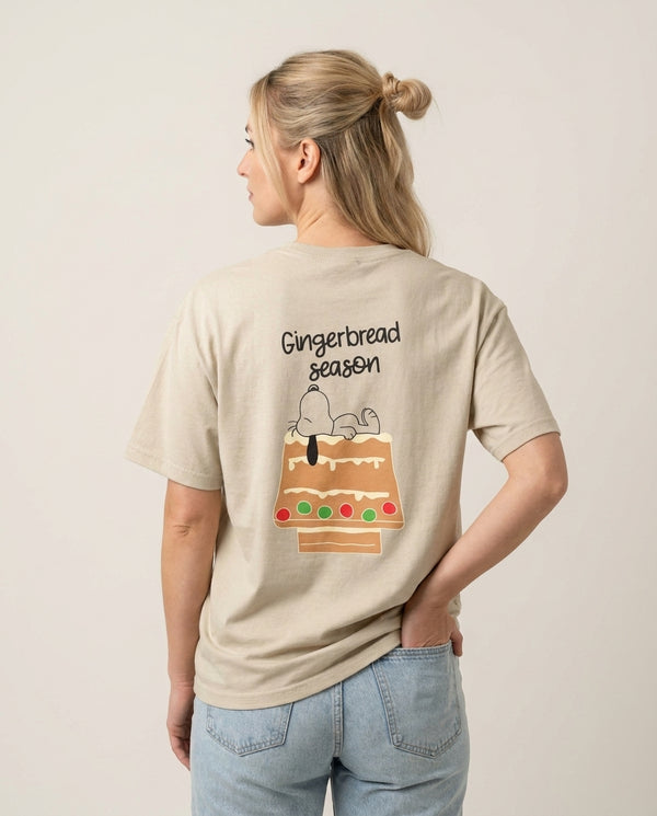 Cartoon Beagle Gingerbread House T-Shirt — Sand Back, worn