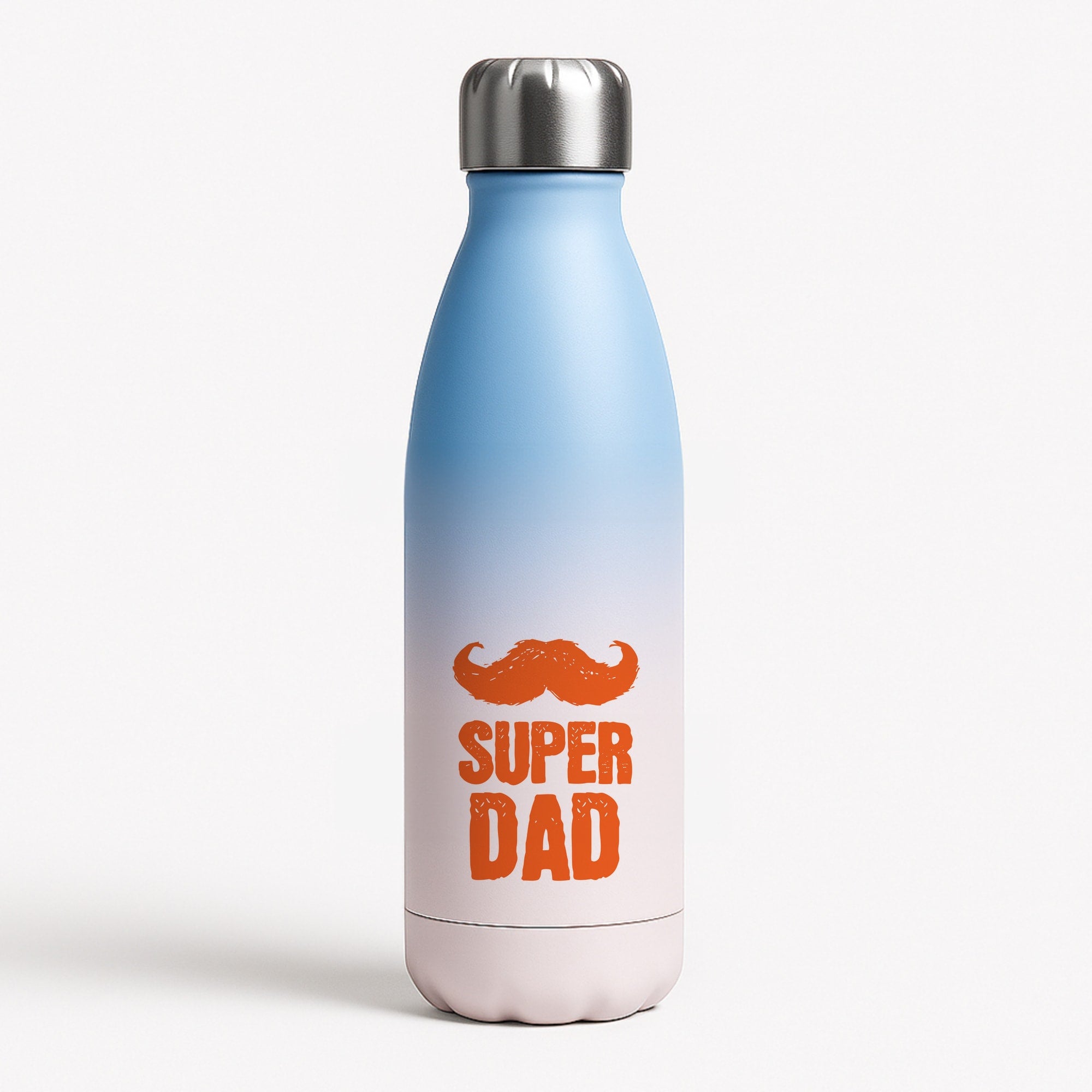 Moustache Super Dad Orange Blue Water Bottle