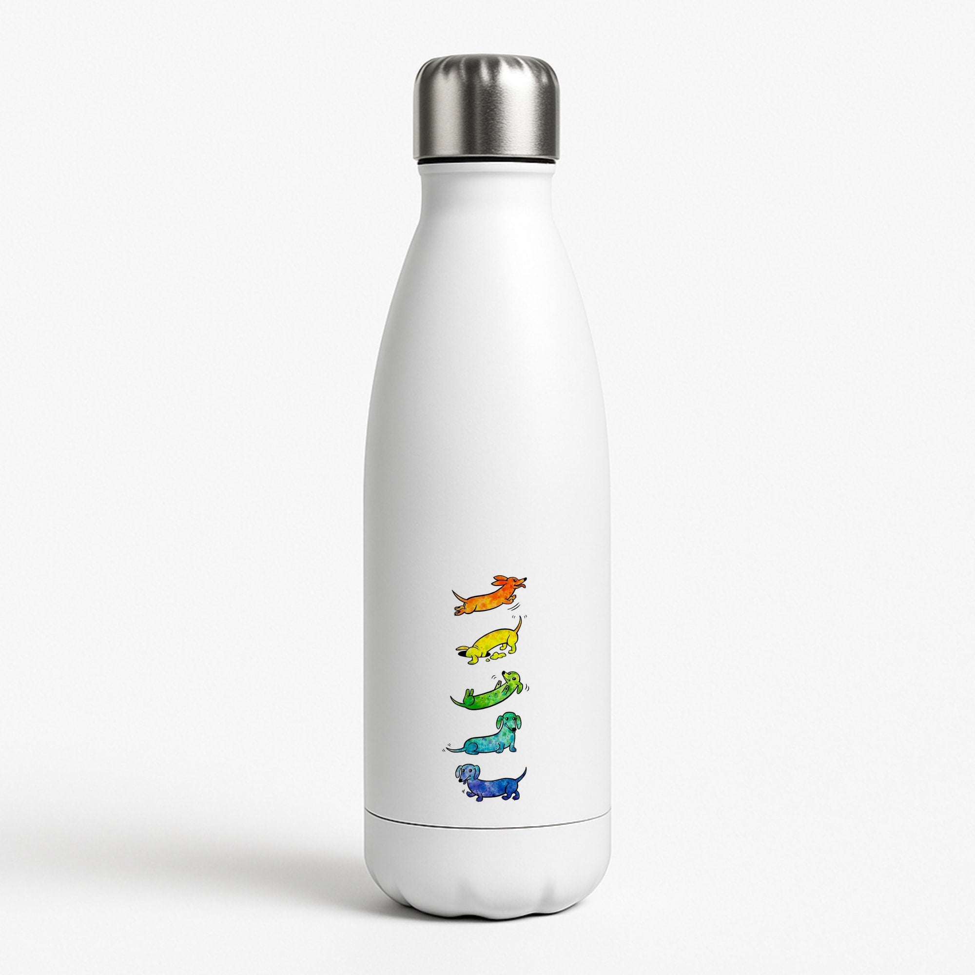 Watercolor Rainbow Dachshunds White Water Bottle