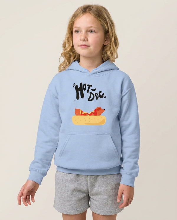 Hot Dog - Dachshunds Kids Hoodie — Blue Front, worn