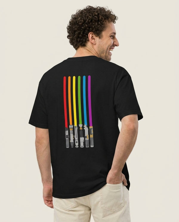 Lightsabers T-Shirt — Black Back, worn
