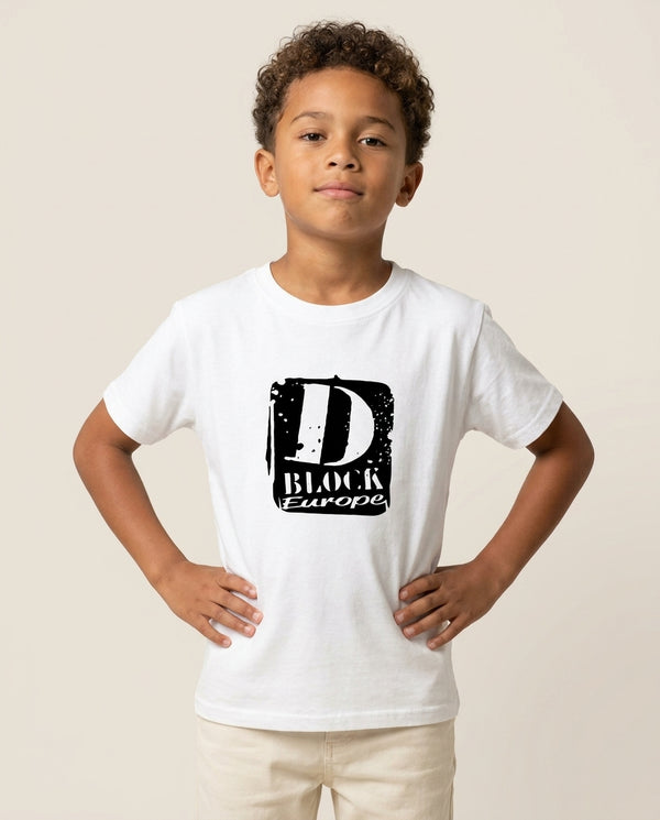 D Block Europe Kids T-Shirt — White Front, worn
