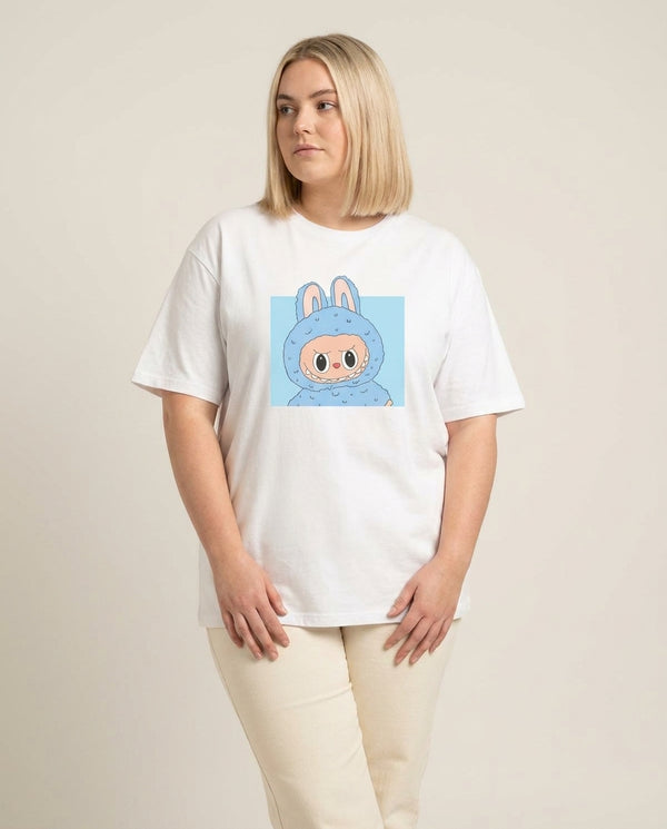 Cute Blue Notebook Monster T-Shirt — White Front, worn