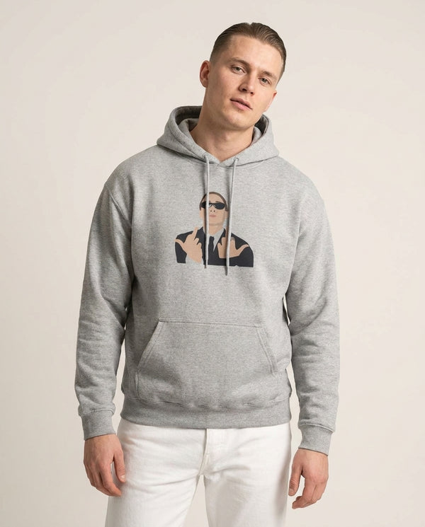 Middle Finger Hoodie — Grey Front, worn