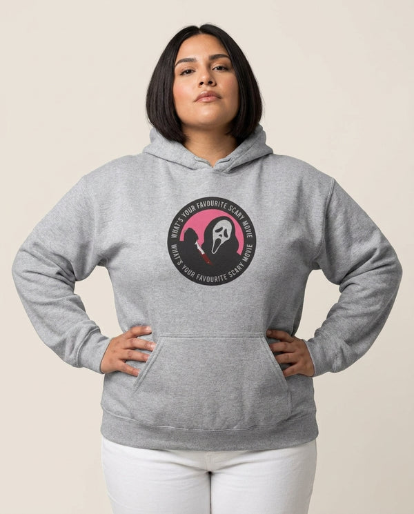 What's Your Favourite Scary Movie Badge Hoodie — Grey Front, worn