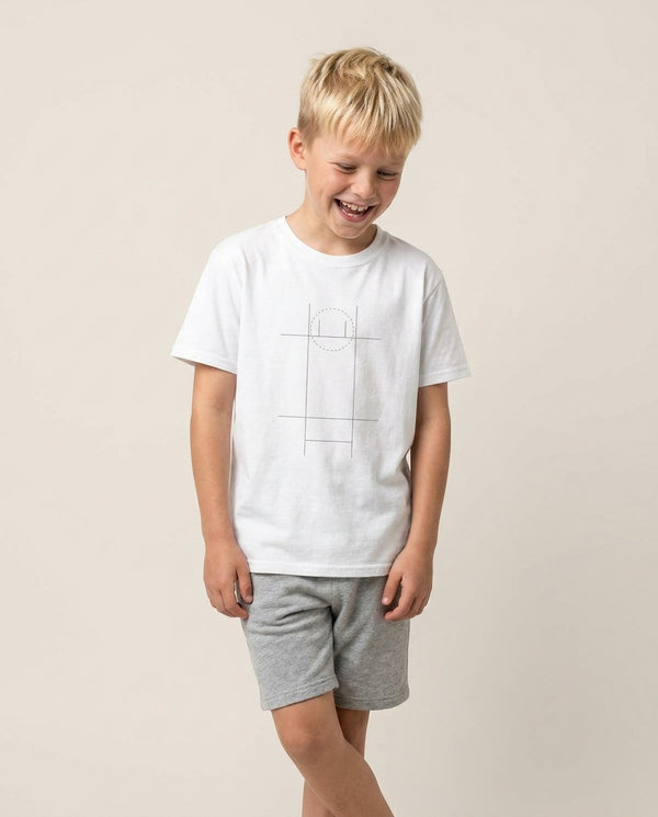 The Pitch - Cricket Kids T-Shirt — White Front, worn
