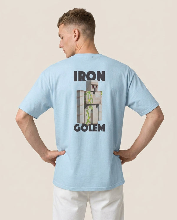 Iron Golem T-Shirt — Blue Back, worn