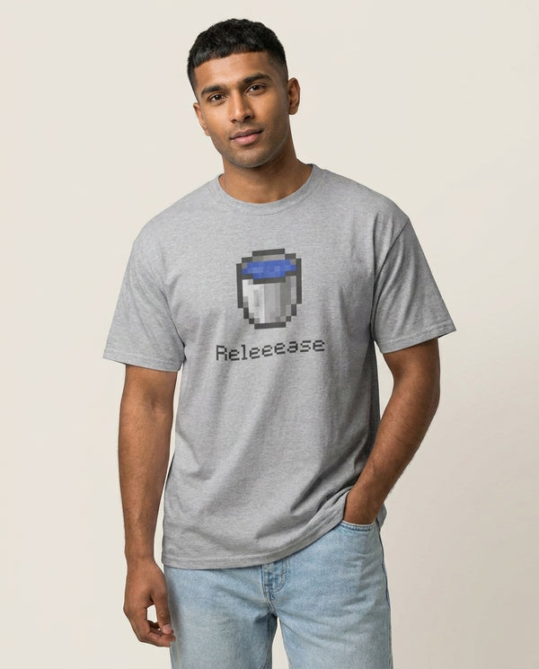 Release T-Shirt — Grey Front, worn
