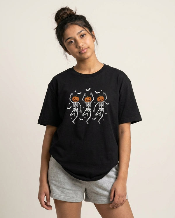 Dancing Pumpkin Skeletons T-Shirt — Black Front, worn