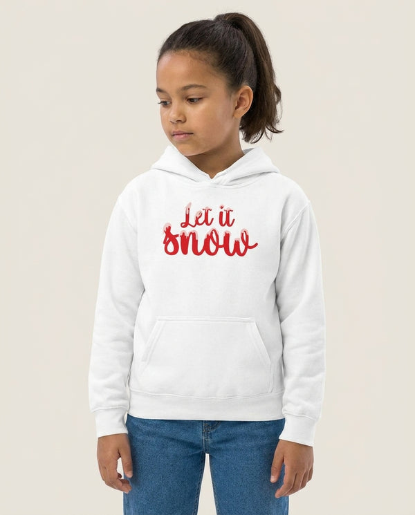 Let It Snow Snowflakes Kids Hoodie — White Front, worn