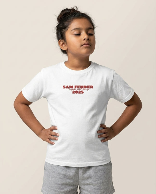 Stripes People Watching 2025 Kids T-Shirt — White Front, worn