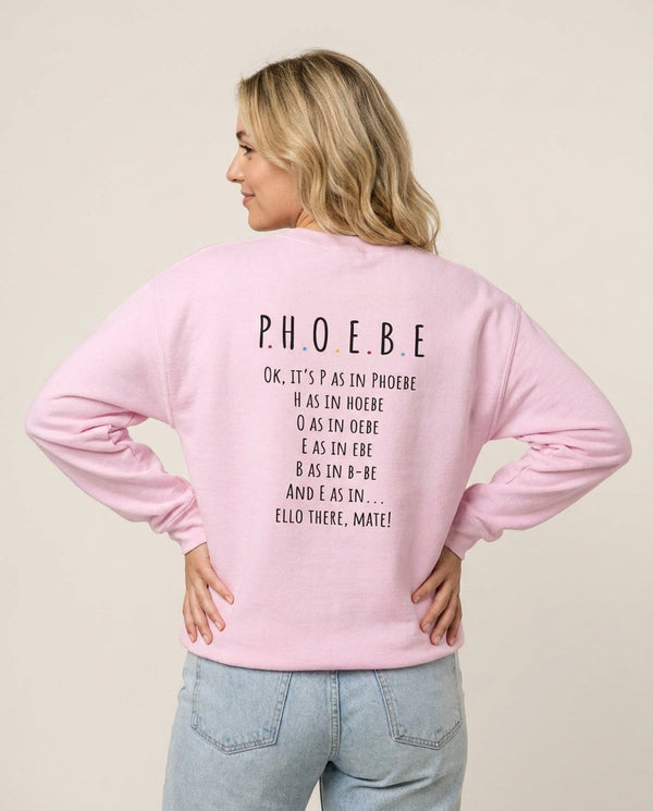 Spelling Phoebe Sweatshirt — Pink Back, worn